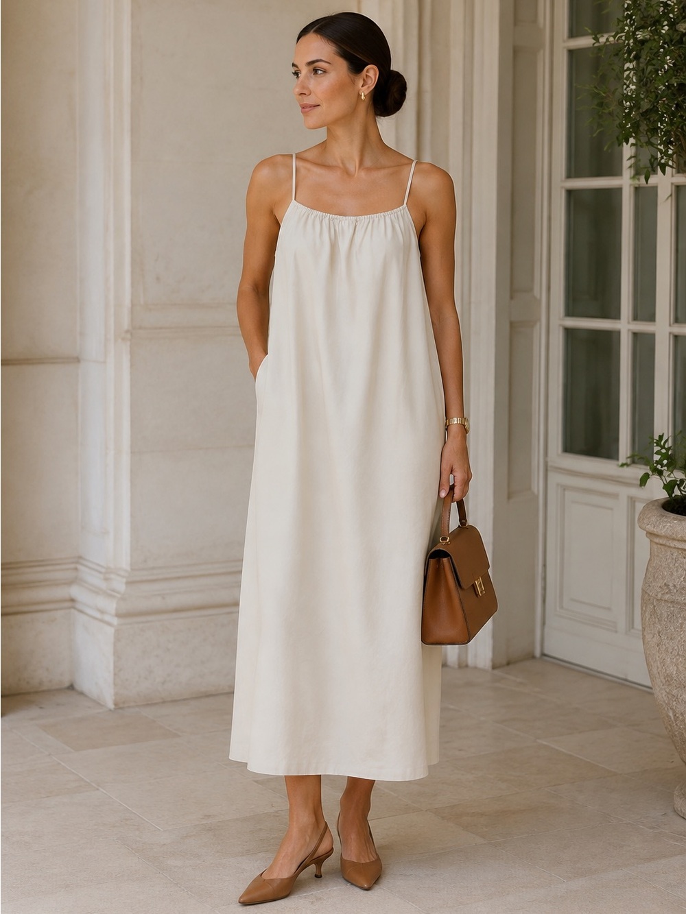 Eileen Fisher 100% Silk Ivory Pocket Midi Slip Dress Size S